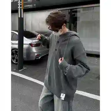 布客行 【复古套头连帽毛线衣】美式老钱风宽松休闲纯色设计无性别主义舒适软糯纽扣装饰潮流百搭慵懒感长袖针织衫 男女同款