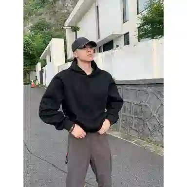 【港风大码重磅华棉外套牛仔裤一套】布客行 纯色宽松连帽长袖简约百搭亲肤舒适外穿抽绳水洗做旧复古感阔腿休闲长裤卫衣套装 男女同款