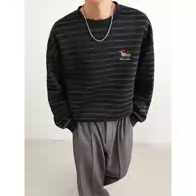 【腊肠小狗刺绣打底衫牛仔裤一套】布客行 美式潮牌圆领长袖条纹百搭港风卫衣抽绳水洗复古做旧阔腿通勤长裤休闲运动套装 男女同款