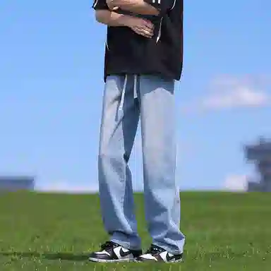 【腊肠小狗刺绣打底衫牛仔裤一套】布客行 美式潮牌圆领长袖条纹百搭港风卫衣抽绳水洗复古做旧阔腿通勤长裤休闲运动套装 男女同款