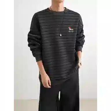 【腊肠小狗刺绣打底衫牛仔裤一套】布客行 美式潮牌圆领长袖条纹百搭港风卫衣抽绳水洗复古做旧阔腿通勤长裤休闲运动套装 男女同款