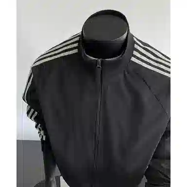 【防泼水外套裤子一套】布客行 三条杆条纹螺纹立领美式复古高街上衣夹克直筒水洗做旧微喇基础款松紧腰抽绳牛仔裤休闲运动套装 男女同款