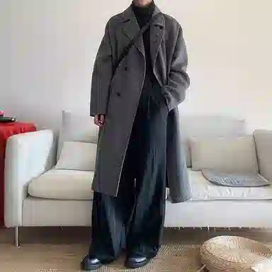 布客行 纯色慵懒风韩系基础长款老钱风穿搭过膝宽松舒适大口袋西装领保暖英伦风毛呢子外套高级感风衣休闲百搭落肩翻领长袖大衣 男女同款
