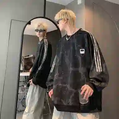 【满天星扎染满印拼接条纹】布客行 早秋开学穿搭可拆卸胸针潮牌复古美式高街国潮港风圆领落肩袖宽松舒适休闲多元素融合卫衣 男女同款