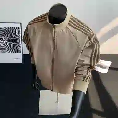 【防泼水外套裤子一套】布客行 三条杆条纹螺纹立领美式复古高街上衣夹克直筒水洗做旧微喇基础款松紧腰抽绳牛仔裤休闲运动套装 男女同款