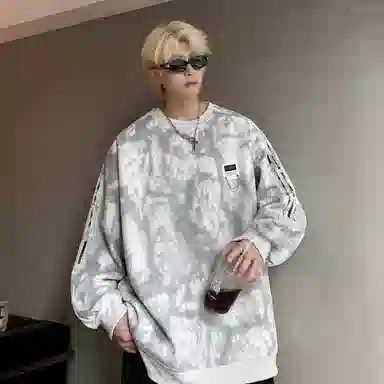 【满天星扎染满印拼接条纹】布客行 早秋开学穿搭可拆卸胸针潮牌复古美式高街国潮港风圆领落肩袖宽松舒适休闲多元素融合卫衣 男女同款