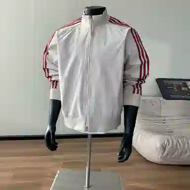 【防泼水外套裤子一套】布客行 三条杆条纹螺纹立领美式复古高街上衣夹克直筒水洗做旧微喇基础款松紧腰抽绳牛仔裤休闲运动套装 男女同款