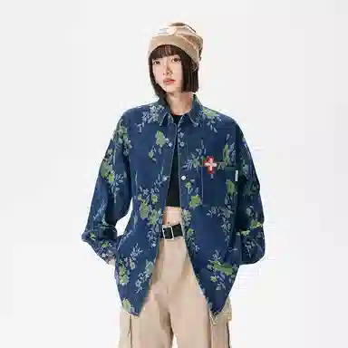 【满印提花牛仔】布客行 美式高街港式复古新中式轻奢国潮老钱风拼接华棉开衫一排扣翻领落肩口袋休闲舒适百搭长袖夹克牛仔外套 男女同款