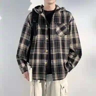 【免搭配一套】布客行 连帽开衫格子学院风高街单排扣休闲宽松衬衣外套美式复古直筒抽绳松紧腰微喇基础款柔软牛仔裤衬衫套装 男女同款