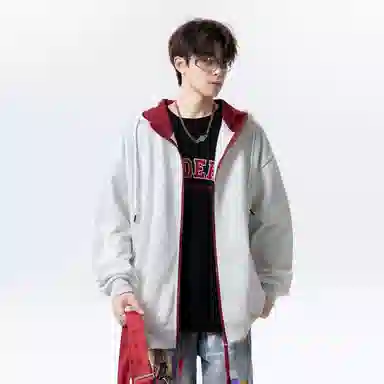 【拼色连帽开衫牛仔裤一套】布客行 撞色拉链高街休闲风大码宽松落肩保暖运动外套抽绳松紧腰水洗做旧港风简约百搭长裤卫衣套装 男女同款