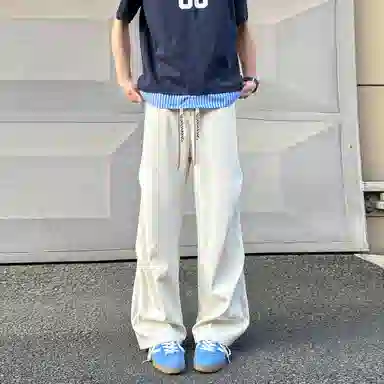 【显高显瘦伞兵裤】布客行 港风纯色褶皱设计感抽绳系带松紧腰长裤子学院风宽松大码直筒阔腿美式复古高街百搭柔软显腿长休闲裤 男女同款