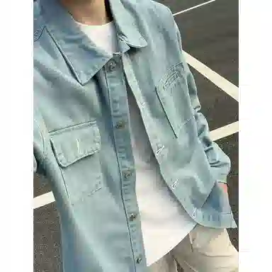 【纯色牛仔工装夹克裤子一套】布客行 复古简约美式翻领单排扣外套抽绳松紧腰口水洗做旧宽松阔腿长裤休闲运动套装 男女同款