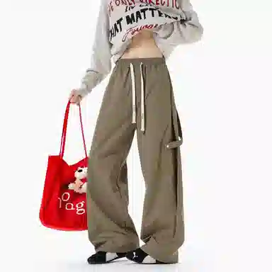 【抽绳松紧腰】布客行 拼接绑带复古高街潮牌弯刀阔腿工装直筒裤纯色百搭系带垂感长裤子宽松舒适高级慵懒长休闲裤 男女同款