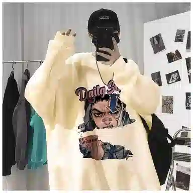 布客行 免搭配一套美式复古卡通字母印花重磅套头落肩袖上衣百搭水洗黑色显高显瘦弯刀微喇巴黎柳叶直筒牛仔长裤子休闲卫衣套装 男女同款