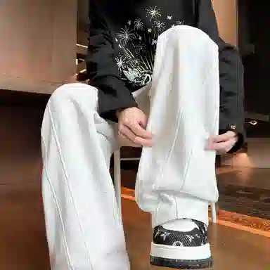 【明线拼接设计大码垂感卫裤】布客行  美式复古高街港风简约纯色基础款宽松直筒弯刀松紧系带显瘦保暖通勤百搭长裤阔腿休闲裤 男女同款