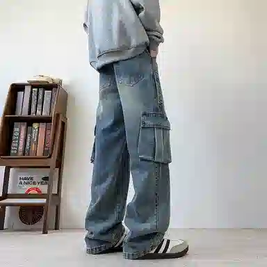 布客行 免搭配一套港风连帽开衫条纹格子高街休闲宽松衬衣外套美式复古直筒抽绳松紧腰微喇基础款柔软牛仔裤衬衫套装 男女同款