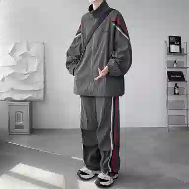 【美式高街三条杠免搭配一套】布客行 明线条纹拼接撞色复古港风舒适百搭日常户外防风防泼水开衫外套长裤子垂感休闲运动套装 男女同款