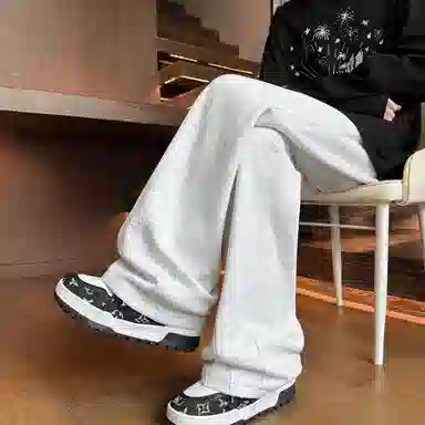 【明线拼接设计大码垂感卫裤】布客行  美式复古高街港风简约纯色基础款宽松直筒弯刀松紧系带显瘦保暖通勤百搭长裤阔腿休闲裤 男女同款