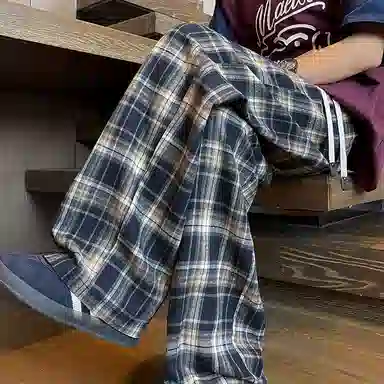 【抽绳格子回潮可穿230斤】布客行 美式复古港风嘻哈高街运动时尚百搭日常出街垂感慵懒宽松舒适华棉直筒青少年长裤休闲裤 男女同款