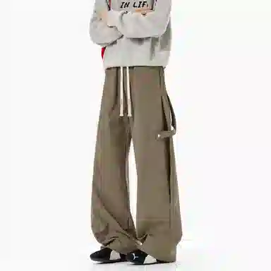 【抽绳松紧腰】布客行 拼接绑带复古高街潮牌弯刀阔腿工装直筒裤纯色百搭系带垂感长裤子宽松舒适高级慵懒长休闲裤 男女同款