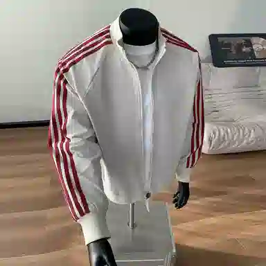 【防泼水外套裤子一套】布客行 三条杆条纹螺纹立领美式复古高街上衣夹克直筒水洗做旧微喇基础款松紧腰抽绳牛仔裤休闲运动套装 男女同款