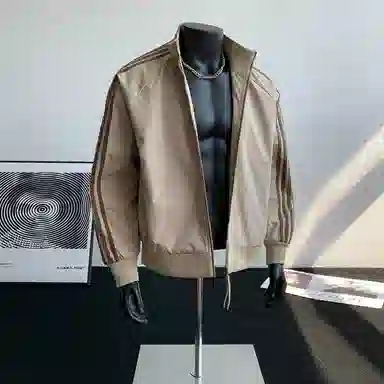 【防泼水外套裤子一套】布客行 三条杆条纹螺纹立领美式复古高街上衣夹克直筒水洗做旧微喇基础款松紧腰抽绳牛仔裤休闲运动套装 男女同款