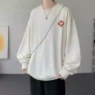 【提花压印大码200斤可穿】布客行 慵懒风纯色圆领套头落肩长袖上衣港风宽松休闲百搭基础款可拆卸刺绣胸标春秋美式复古卫衣 男女同款