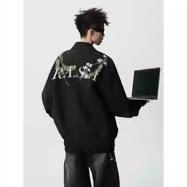 【万针刺绣立体花卉两面穿夹克牛仔裤一套】布客行 翻领拉链美式潮牌长袖外套抽绳港风宽松阔腿水洗做旧长裤休闲运动套装 男女同款