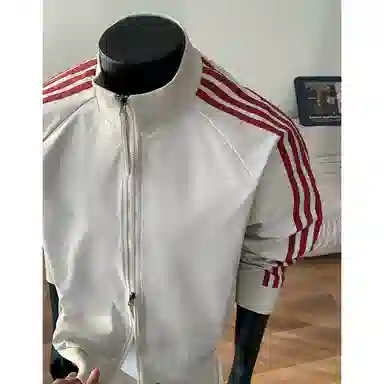 【防泼水外套裤子一套】布客行 三条杆条纹螺纹立领美式复古高街上衣夹克直筒水洗做旧微喇基础款松紧腰抽绳牛仔裤休闲运动套装 男女同款