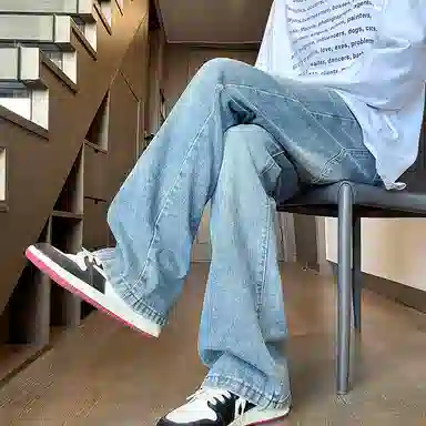 【显高显瘦显腿长】布客行 高街弹力微喇免烫重工水洗做旧美式复古长裤子阔腿宽松休闲百搭纯色柔软舒适学院风牛仔裤 男女同款