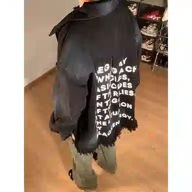 【扎染脏脏牛仔外套裤子一套】布客行 港风潮流别背面字母印花高街大码百搭抽绳水洗做旧阔腿舒适长裤休闲运动套装 男女同款