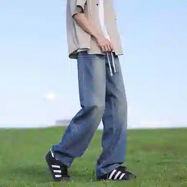 【腊肠小狗刺绣打底衫牛仔裤一套】布客行 美式潮牌圆领长袖条纹百搭港风卫衣抽绳水洗复古做旧阔腿通勤长裤休闲运动套装 男女同款