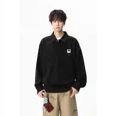 【明线撞色条纹早秋长袖】布客行 可拆卸别针美式复古高街轻奢老钱港风重磅慵懒垂感翻领落肩拼接宽松休闲舒适内搭外穿华棉卫衣 男女同款