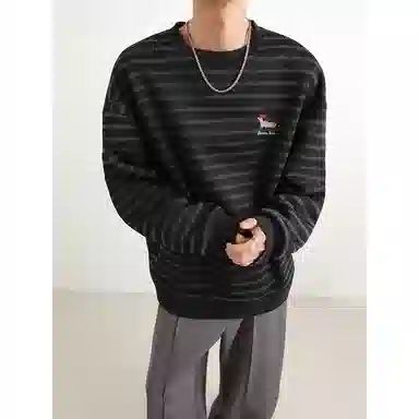 【腊肠小狗刺绣打底衫牛仔裤一套】布客行 美式潮牌圆领长袖条纹百搭港风卫衣抽绳水洗复古做旧阔腿通勤长裤休闲运动套装 男女同款