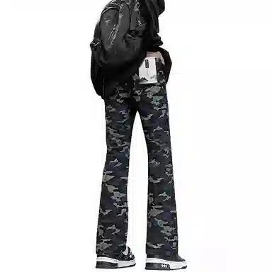 【3D立体彩骨刺绣】布客行 迷彩重工斜切拼接微喇美式复古水洗直筒牛仔裤弹力松紧腰抽绳显腿长显高显瘦高街舒适百搭长裤休闲裤 男女同款