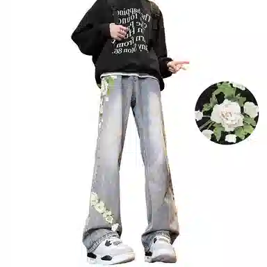 【万针刺绣3D立体浮雕】布客行 显腿长显高显瘦重工美式高街复古水洗直筒基础款花卉透气舒适亲肤休闲百搭微喇长裤牛仔裤 男女同款