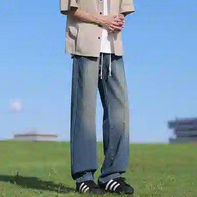 【港风大码重磅华棉外套牛仔裤一套】布客行 纯色宽松连帽长袖简约百搭亲肤舒适外穿抽绳水洗做旧复古感阔腿休闲长裤卫衣套装 男女同款