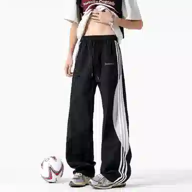 【三条杠拼接条纹撞色明线设计】布客行 青少年早秋开学美式高街潮牌复古阔腿垂感抽绳运动舒适松紧长裤子休闲裤 男女同款