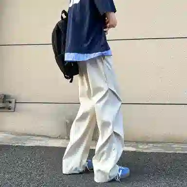 【显高显瘦伞兵裤】布客行 港风纯色褶皱设计感抽绳系带松紧腰长裤子学院风宽松大码直筒阔腿美式复古高街百搭柔软显腿长休闲裤 男女同款