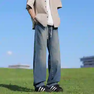 【腊肠小狗刺绣打底衫牛仔裤一套】布客行 美式潮牌圆领长袖条纹百搭港风卫衣抽绳水洗复古做旧阔腿通勤长裤休闲运动套装 男女同款