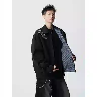 【万针刺绣立体花卉两面穿夹克牛仔裤一套】布客行 翻领拉链美式潮牌长袖外套抽绳港风宽松阔腿水洗做旧长裤休闲运动套装 男女同款