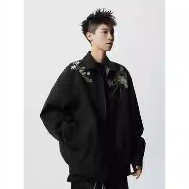 【万针刺绣立体花卉两面穿夹克牛仔裤一套】布客行 翻领拉链美式潮牌长袖外套抽绳港风宽松阔腿水洗做旧长裤休闲运动套装 男女同款