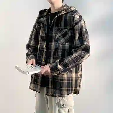 【免搭配一套】布客行 连帽开衫格子学院风高街单排扣休闲宽松衬衣外套美式复古直筒抽绳松紧腰微喇基础款柔软牛仔裤衬衫套装 男女同款