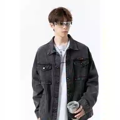 【拼接做旧牛仔美式复古】布客行 潮牌经典高街港风轻奢纯色水洗翻领简约百搭宽松单排扣青少年开衫舒适华棉保暖长袖牛仔外套 男女同款
