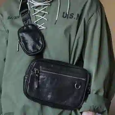 OUBOTE Vintage Leather Shoulder Bag Black