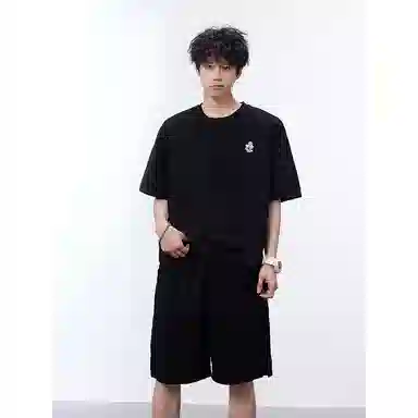 大白鲨 美式复古韩版纯色褶皱肌理感设计短袖上衣潮流时尚百搭薄款透气宽松短裤休闲运动套装 男女同款
