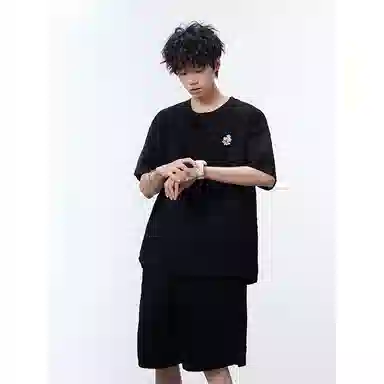 大白鲨 美式复古韩版纯色褶皱肌理感设计短袖上衣潮流时尚百搭薄款透气宽松短裤休闲运动套装 男女同款