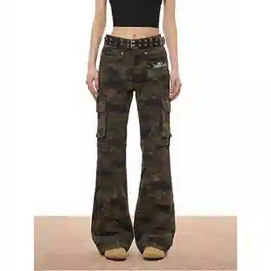 梁拌泡菜 美式高街多口袋修身微喇迷彩裤 男女同款