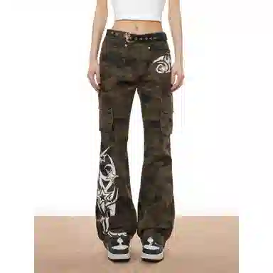 梁拌泡菜 美式高街多口袋修身微喇迷彩裤 男女同款