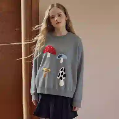 韩素伊毛衣 软糯全羊毛女时尚慵懒风印花蘑菇图案宽松羊绒针织衫 青少年